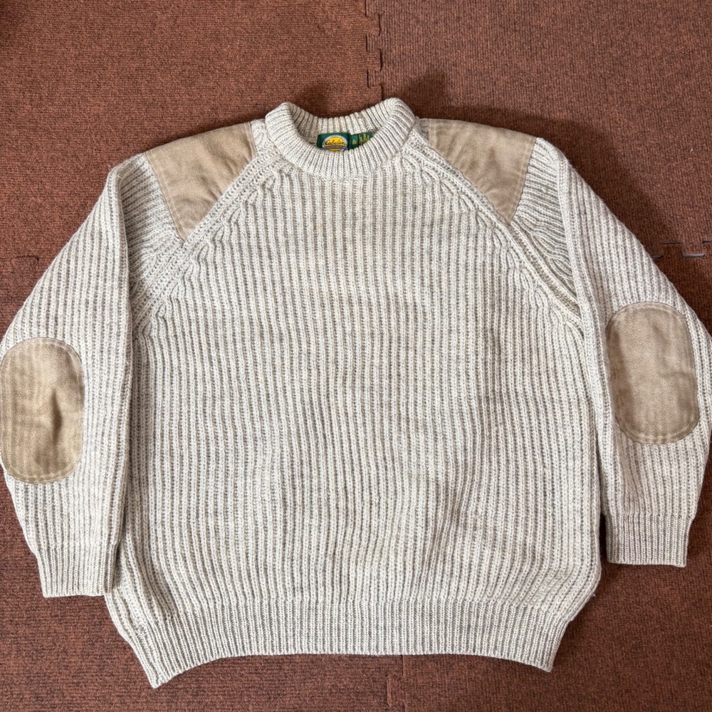 Cabelas Wool Sweater Mens Large Beige Ribbed Knit Patch Pullover Made in England